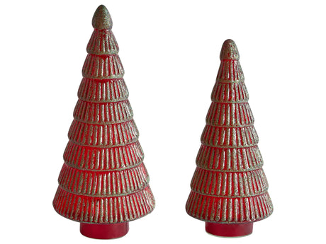 Set of 2 Decorative Figurines Green and Red Glass Christmas Trees Festive Decoration Handmade 2 Different Sizes Beliani