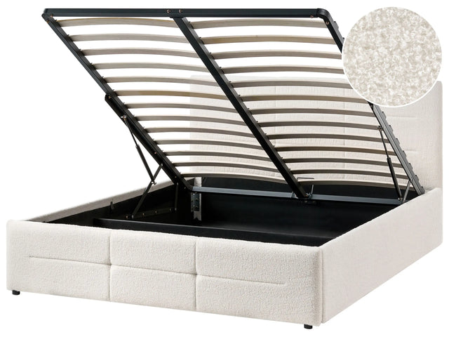 Ottoman Bed Off-White Boucle EU Double Size 4ft6 Lift-Up Storage Headboard Slatted Base Modern Design Beliani