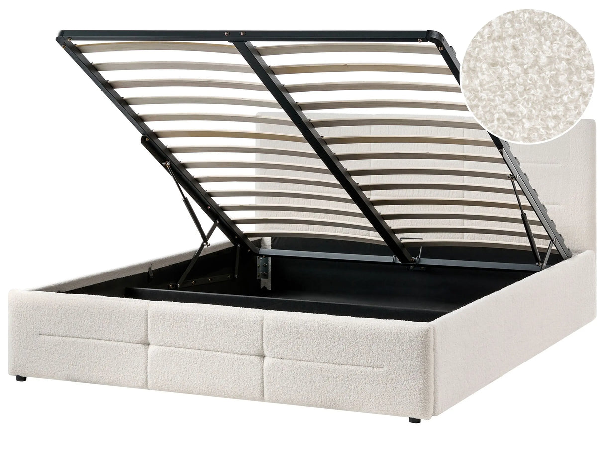 Ottoman Bed Off-White Boucle EU King Size 5ft3 Lift-Up Storage Headboard Slatted Base Modern Design Beliani