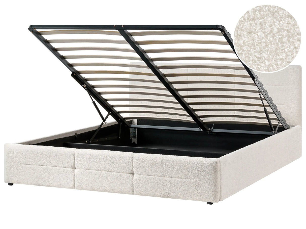 Ottoman Bed Off-White Boucle EU Super King Size 6ft Lift-Up Storage Headboard Slatted Base Modern Design Beliani