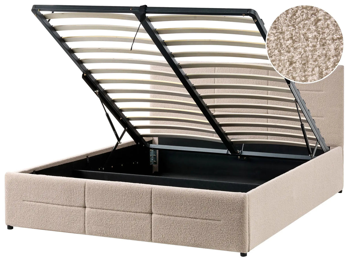 Ottoman Bed Beige Boucle EU Double Size 4ft6 Lift-Up Storage Headboard Slatted Base Modern Design Beliani