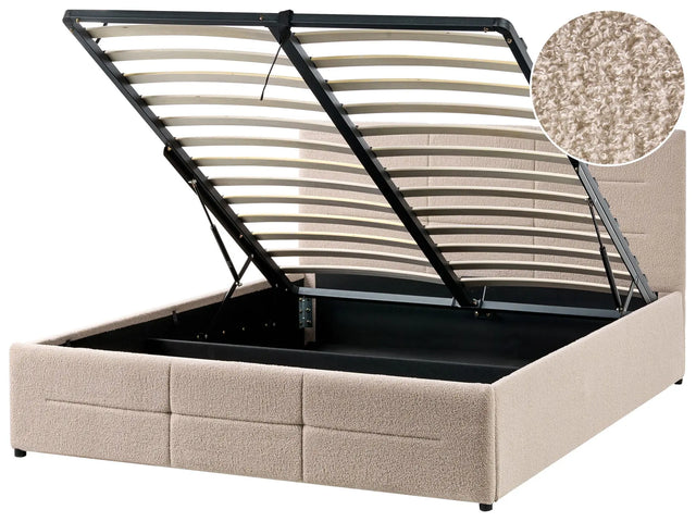 Ottoman Bed Beige Boucle EU Double Size 4ft6 Lift-Up Storage Headboard Slatted Base Modern Design Beliani