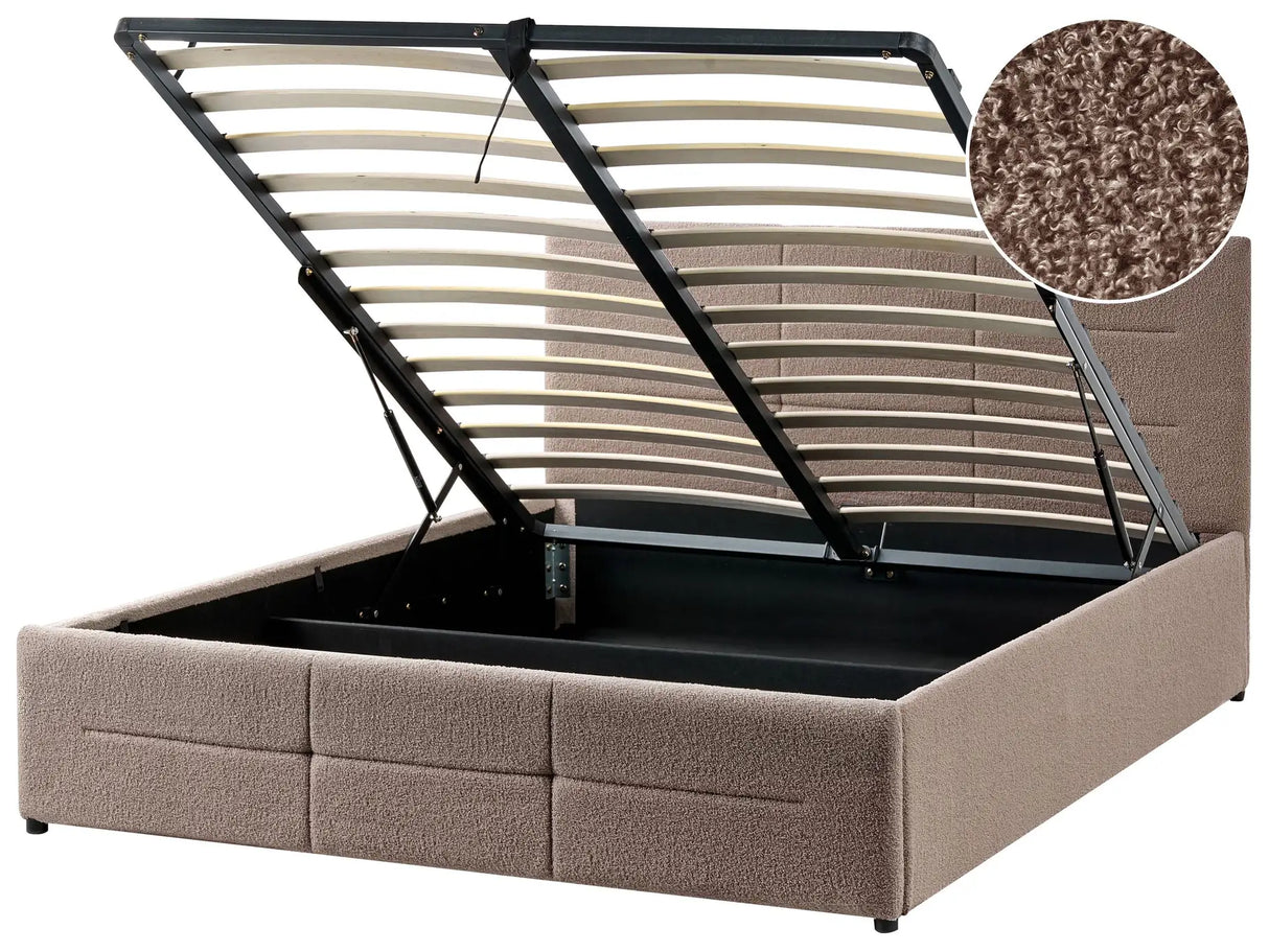 Ottoman Bed Taupe Boucle EU Double Size 4ft6 Lift-Up Storage Headboard Slatted Base Modern Design Beliani