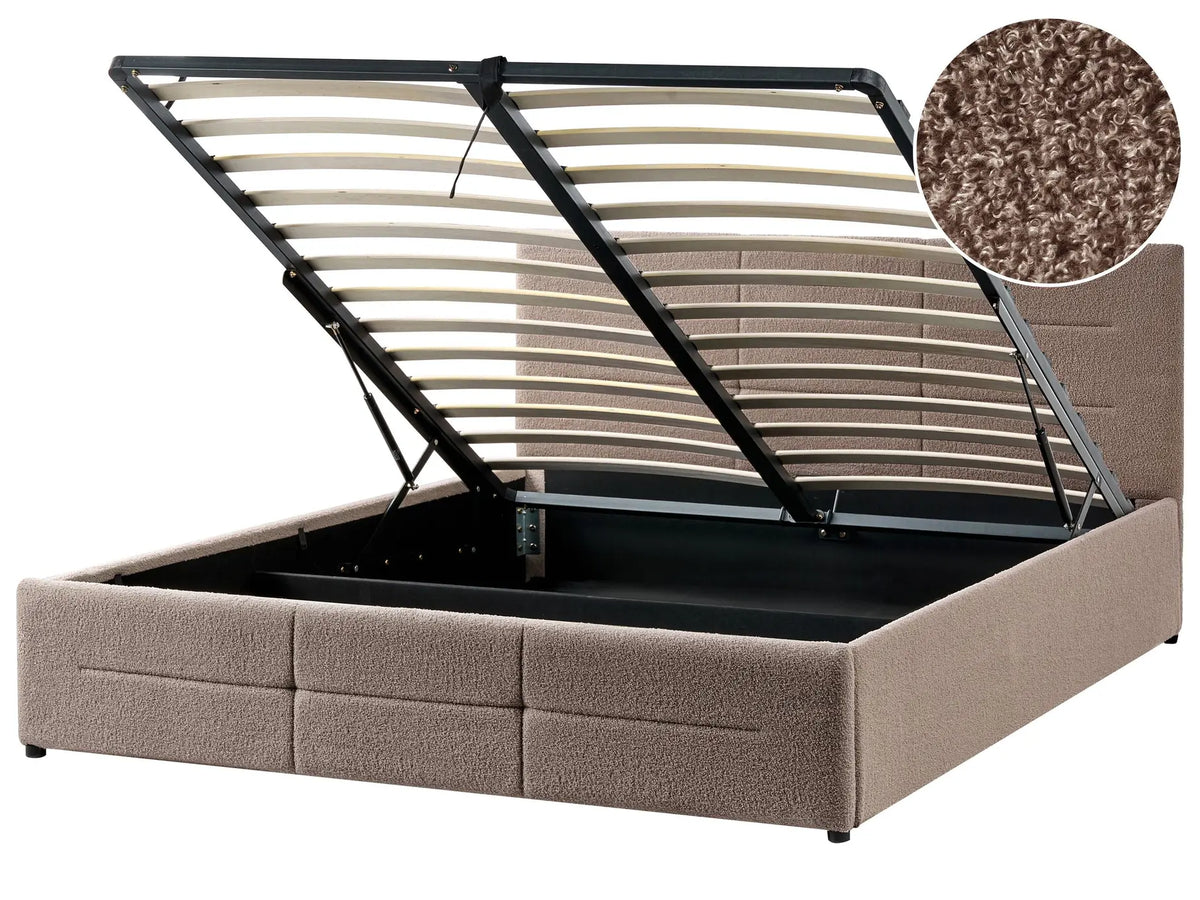 Ottoman Bed Taupe Boucle EU King Size 5ft3 Lift-Up Storage Headboard Slatted Base Modern Design Beliani