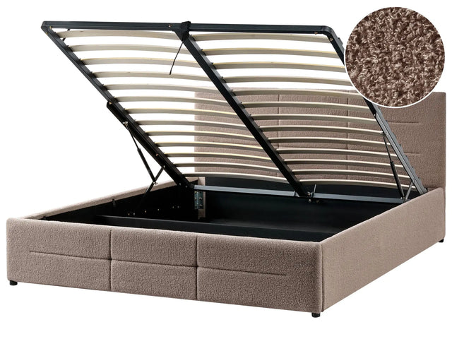 Ottoman Bed Taupe Boucle EU King Size 5ft3 Lift-Up Storage Headboard Slatted Base Modern Design Beliani