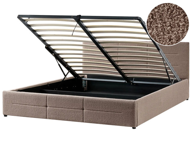Ottoman Bed Taupe Boucle EU Super King Size 6ft Lift-Up Storage Headboard Slatted Base Modern Design Beliani