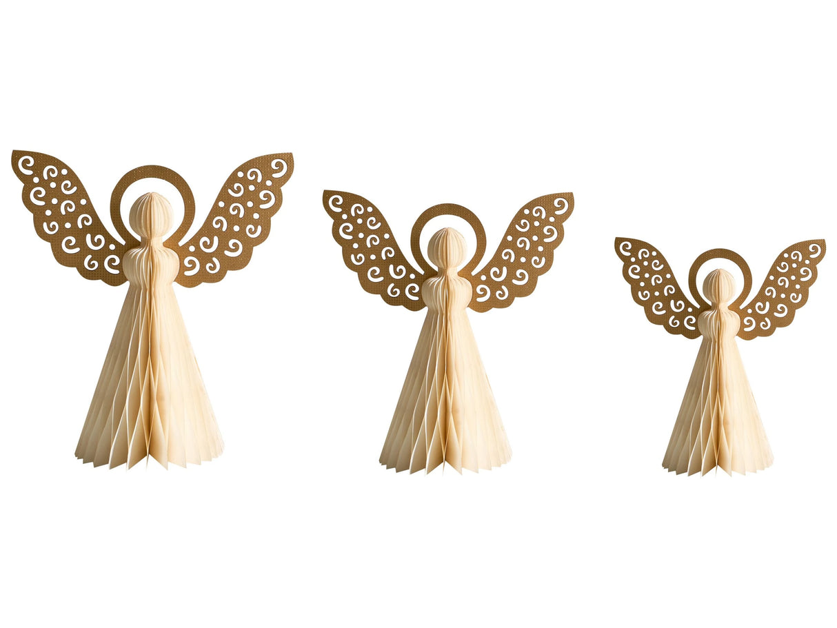 Set of 3 Angels Figurines Beige Honeycomb Paper 3D Effect Origami Style Festive Motif Beliani