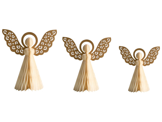 Set of 3 Angels Figurines Beige Honeycomb Paper 3D Effect Origami Style Festive Motif Beliani