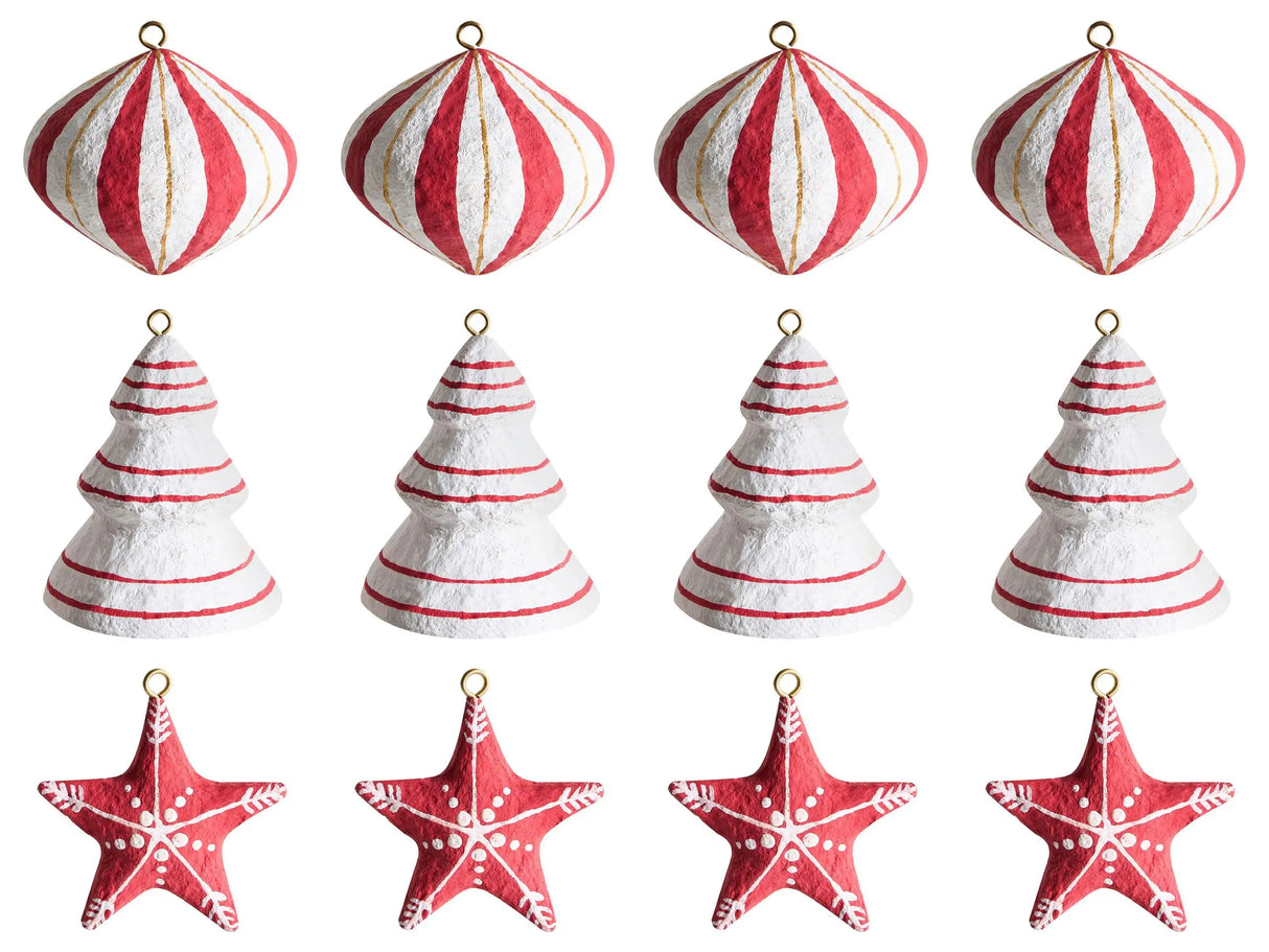 Set of 12 Christmas Tree Ornaments White and Red  Papier-Mch Hanging Ornaments Decorations for Xmas Beliani