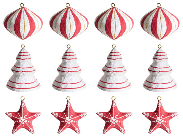 Set of 12 Christmas Tree Ornaments White and Red  Papier-Mch Hanging Ornaments Decorations for Xmas Beliani