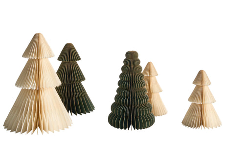Set of 5 Christmas Trees Figurines Beige and Green Honeycomb Paper 3D Effect Origami Style Festive Motif Beliani