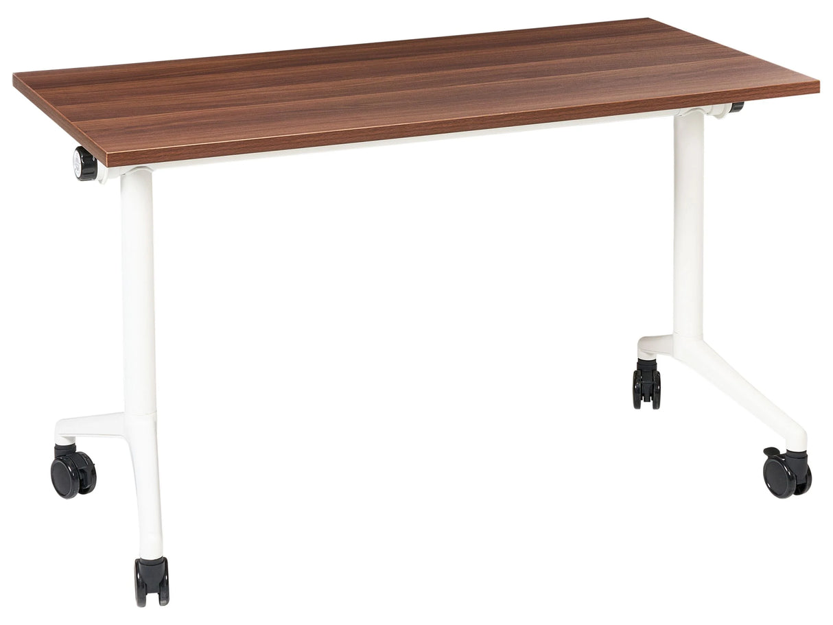 Folding Office Desk Dark Brown and White Metal Frame MFC Tabletop 120 x 60 cm Foldable Portable Mobile Table with Casters Modern Design Beliani