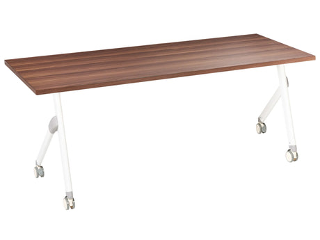 Folding Office Desk Dark Brown and White Metal Frame MFC Tabletop 160 x 60 cm Foldable Portable Mobile Table with Casters Modern Design Beliani