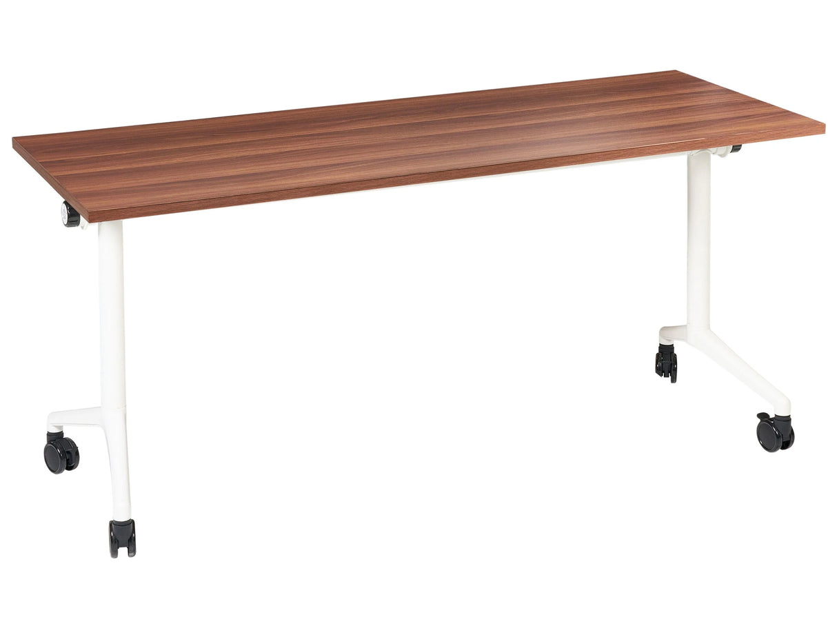 Folding Office Desk Dark Brown and White Metal Frame MFC Tabletop 160 x 60 cm Foldable Portable Mobile Table with Casters Modern Design Beliani