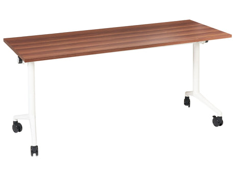 Folding Office Desk Dark Brown and White Metal Frame MFC Tabletop 160 x 60 cm Foldable Portable Mobile Table with Casters Modern Design Beliani