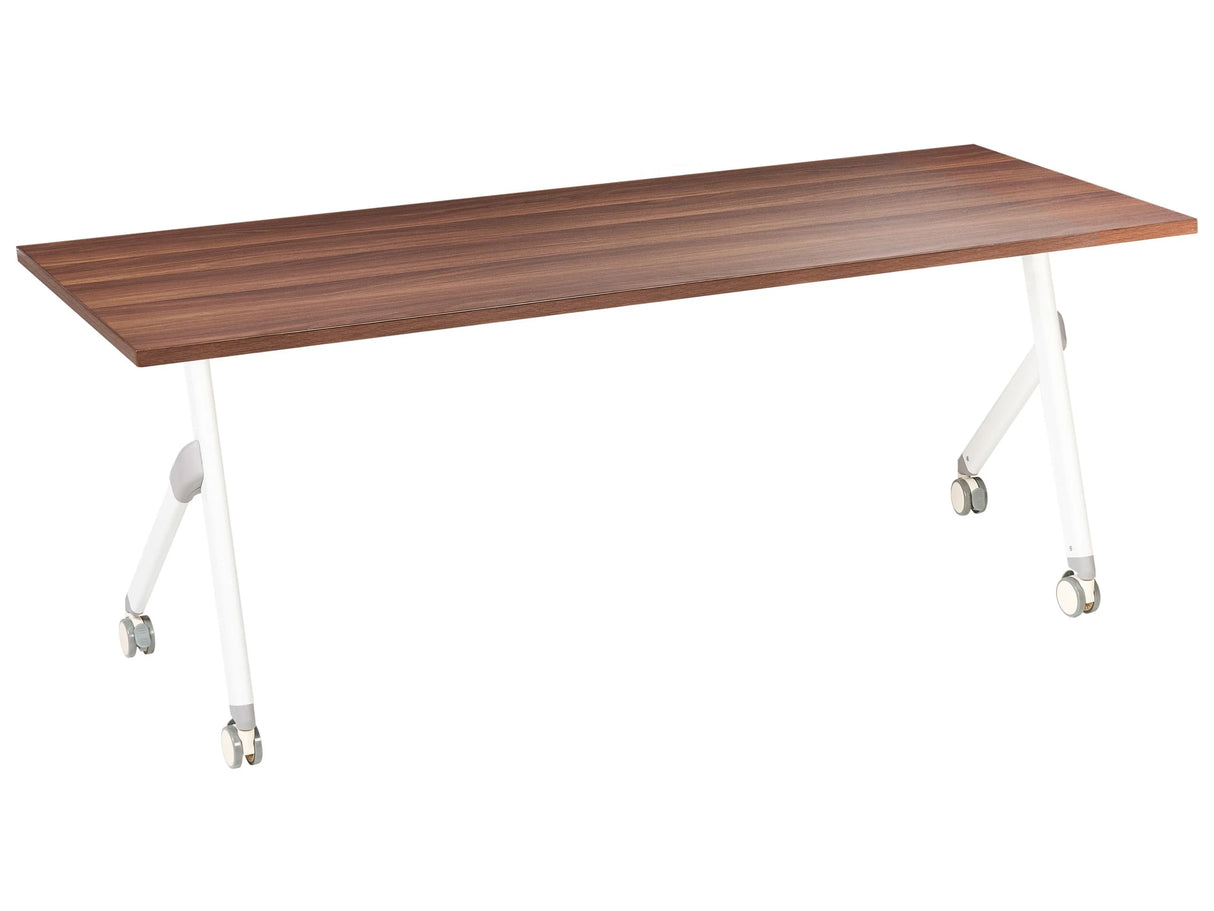 Folding Office Desk Dark Brown and White Metal Frame MFC Tabletop 180 x 60 cm Foldable Portable Mobile Table with Casters Modern Design Beliani