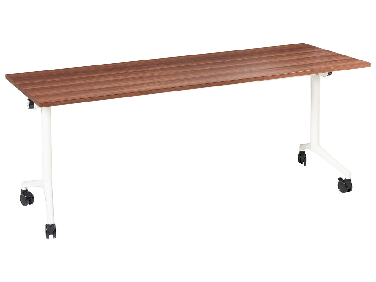 Folding Office Desk Dark Brown and White Metal Frame MFC Tabletop 180 x 60 cm Foldable Portable Mobile Table with Casters Modern Design Beliani