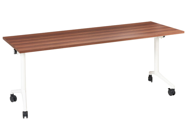 Folding Office Desk Dark Brown and White Metal Frame MFC Tabletop 180 x 60 cm Foldable Portable Mobile Table with Casters Modern Design Beliani