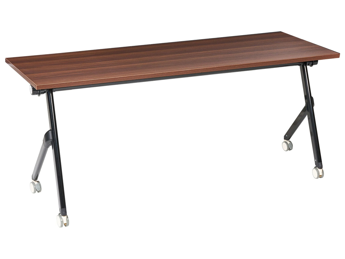 Folding Office Desk Dark Brown and Black Metal Frame MFC Tabletop 180 x 60 cm Foldable Portable Mobile Table with Casters Modern Design Beliani