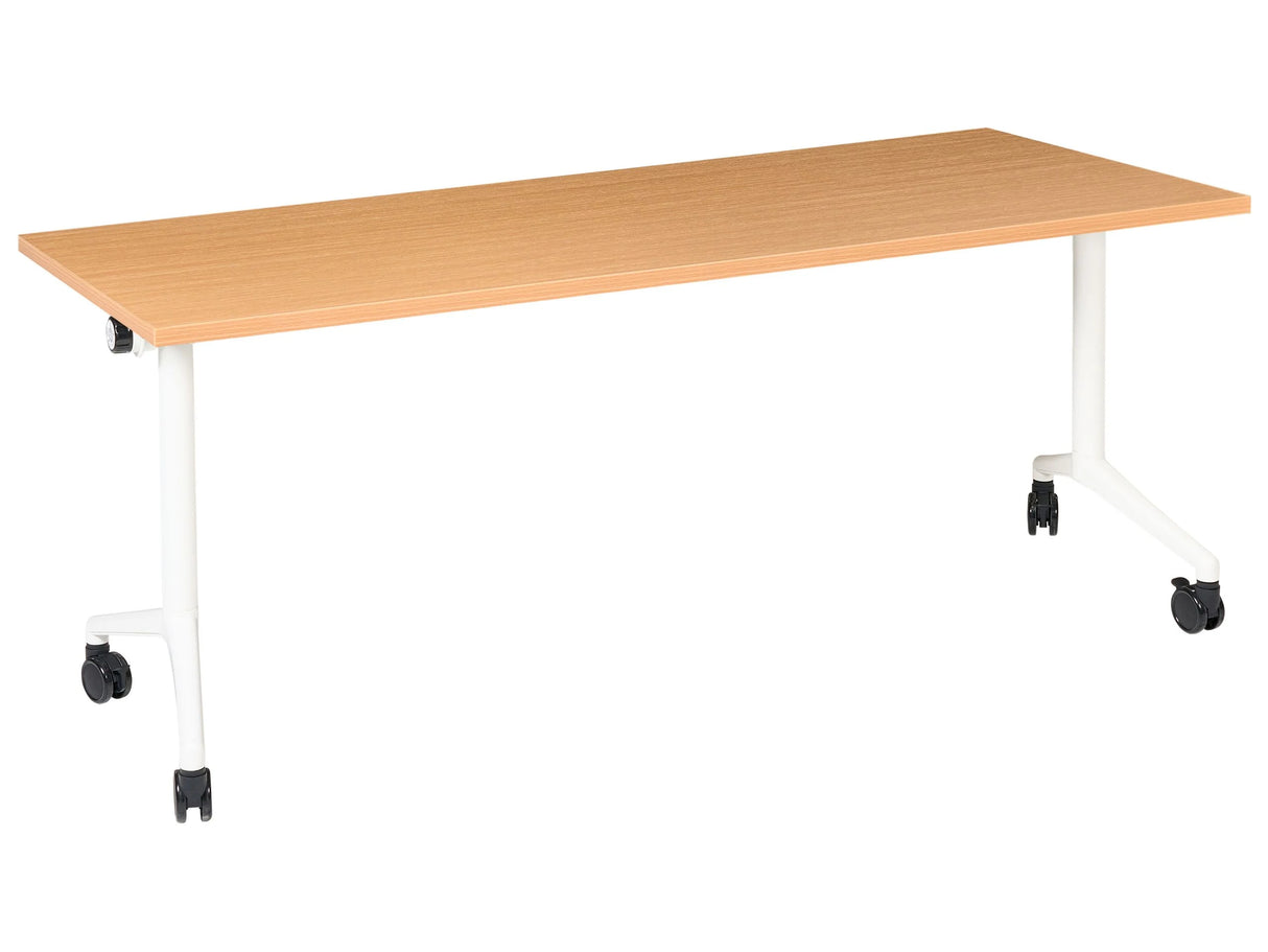 Folding Office Desk Brown and White Metal Frame MFC Tabletop 180 x 60 cm Foldable Portable Mobile Table with Casters Modern Design Beliani