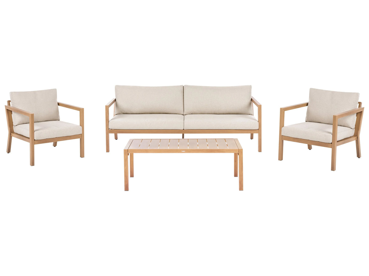 5 Seater Garden Sofa Set Light Brown Metal Frame Heat Transfer Wood Imitation 3 Seater Sofa Armchairs with Cushions Modern Style Beliani