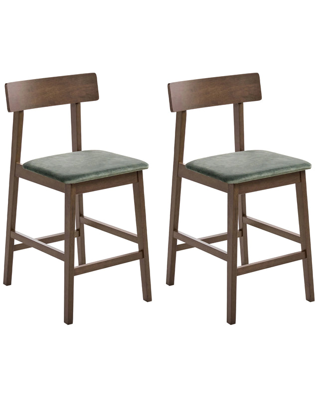 Set of 2 Bar Chairs Dark Brown and Green Rubberwood Seat Polyester Traditional Retro Style Kitchen Dining Room Beliani
