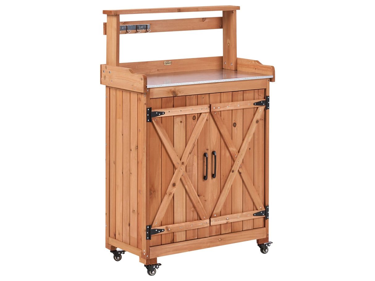 Potting Bench with Storage Light Brown Fir Wood 74 x 40 x 119 cm Galvanised Iron Worktop with Wheels Practical Garden Table Modern Rustic Beliani