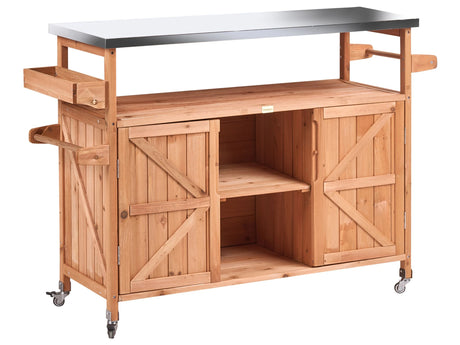 Outdoor Kitchen Island Brown Fir Wood 2 Doors Open Shelves Steel Top 128 x 47 x 85 cm Garden Kitchen with Wheels Beliani