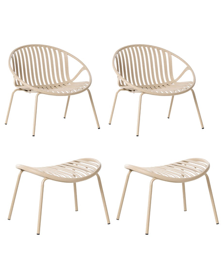 Set of 2 Garden Chairs with Footstools Sand Beige Plastic Seats Steel Legs UV Resistant Retro Style Beliani