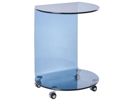 Side Table Blue Glass 57 x 45 cm with Wheels Minimalistic Style Living Room Beliani
