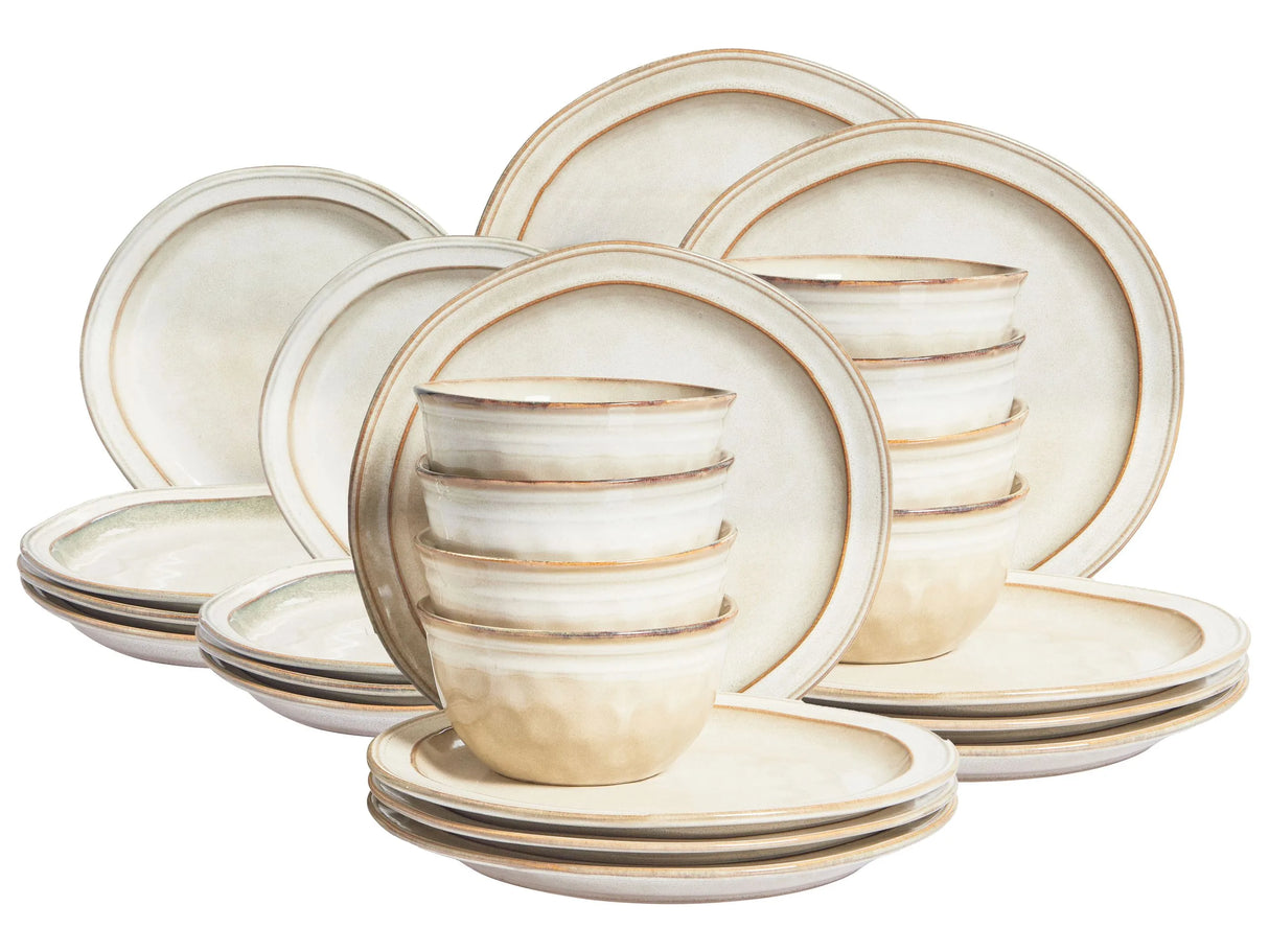 Set of 24 Pieces Light Beige Stoneware Kaolin Handmade Reactive Glaze Finish Service for 8 People Kitchen Dining Room Beliani