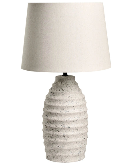 Table Lamp Off-White Ceramic Base Stone Appearance Linen Shade Drum Painted Scandinavian Style Living Room Bedroom Beliani
