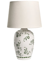Table Lamp White Ceramic Base Floral Motif Linen Shade Drum Glossy Cottage Style Living Room Bedroom Beliani