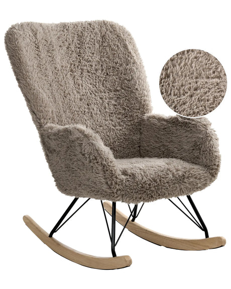 Rocking Chair Light Taupe Faux Fur Fabric Upholstery Wooden Legs Skates Nursery Living Room Cottage Style Beliani