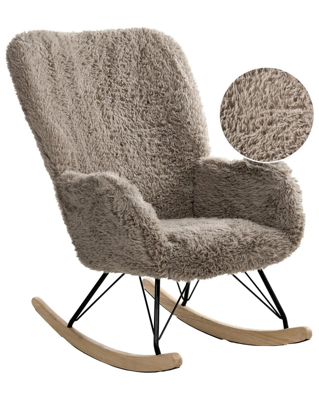 Rocking Chair Light Taupe Faux Fur Fabric Upholstery Wooden Legs Skates Nursery Living Room Cottage Style Beliani