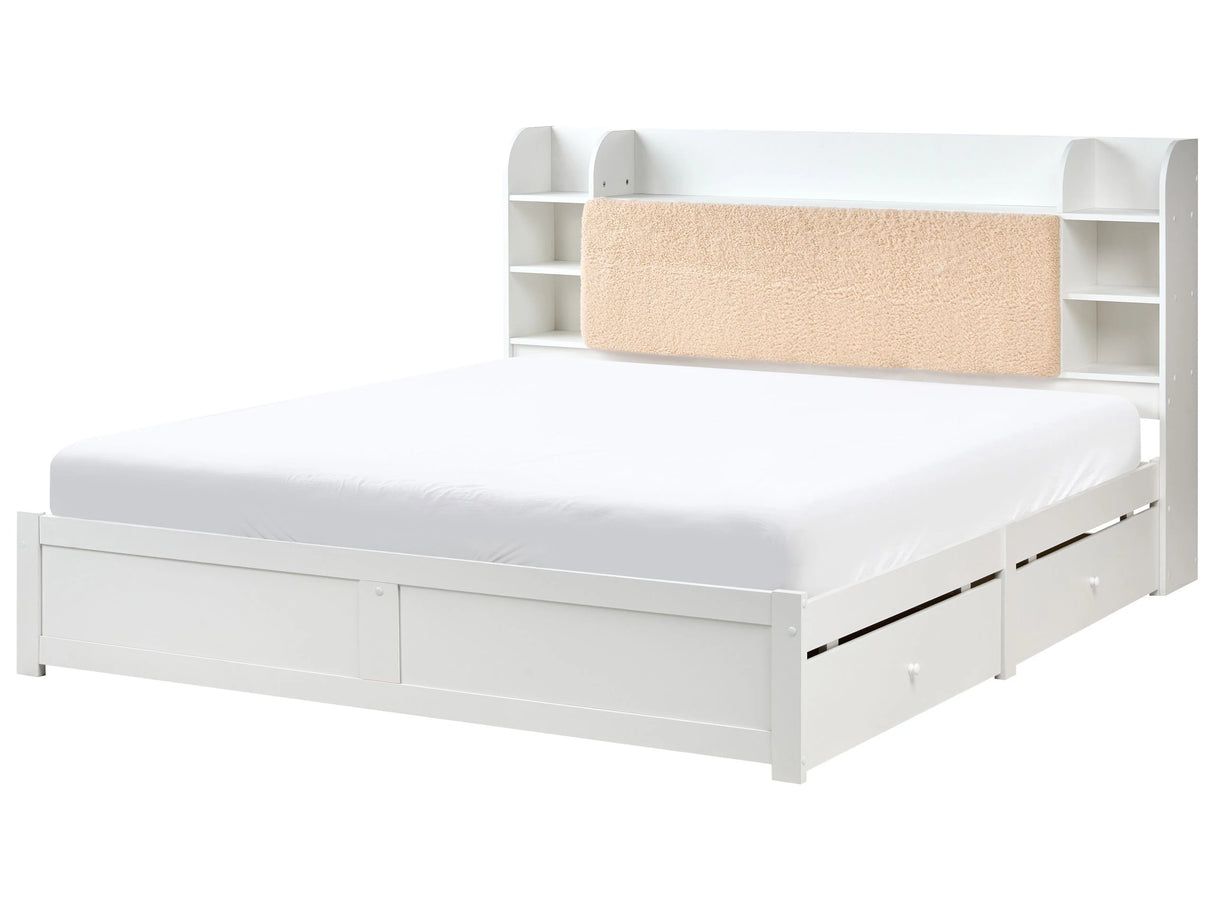 Bed Frame White Beige Pine Wood MDF Plywood Storage Set of 4 Drawers EU Super King Size 6ft Shelves in Boucle Headboard Minimalist Beliani