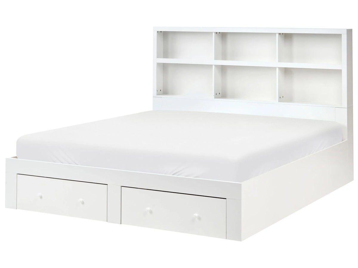 Bed Frame White MDF Storage Set of 2 Drawers EU Super King Size 6ft Shelves in Headboard Minimalist Beliani