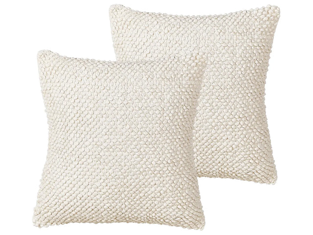 Set of 2 Scatter Cushions Light Beige Cotton 45 x 45 cm Solid Pattern Square Fabric Seating Pouffe Beliani