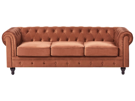 Chesterfield Sofa Golden Brown Velvet Fabric Upholstery Dark Wood Legs 3 Seater Contemporary Beliani