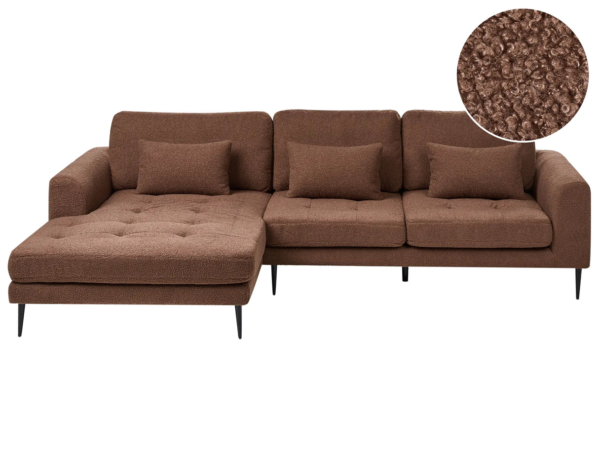Right Hand Corner Sofa Brown Boucle Upholstered L-Shaped Tufted Cushioned Seat with Scatter Cushions Beliani
