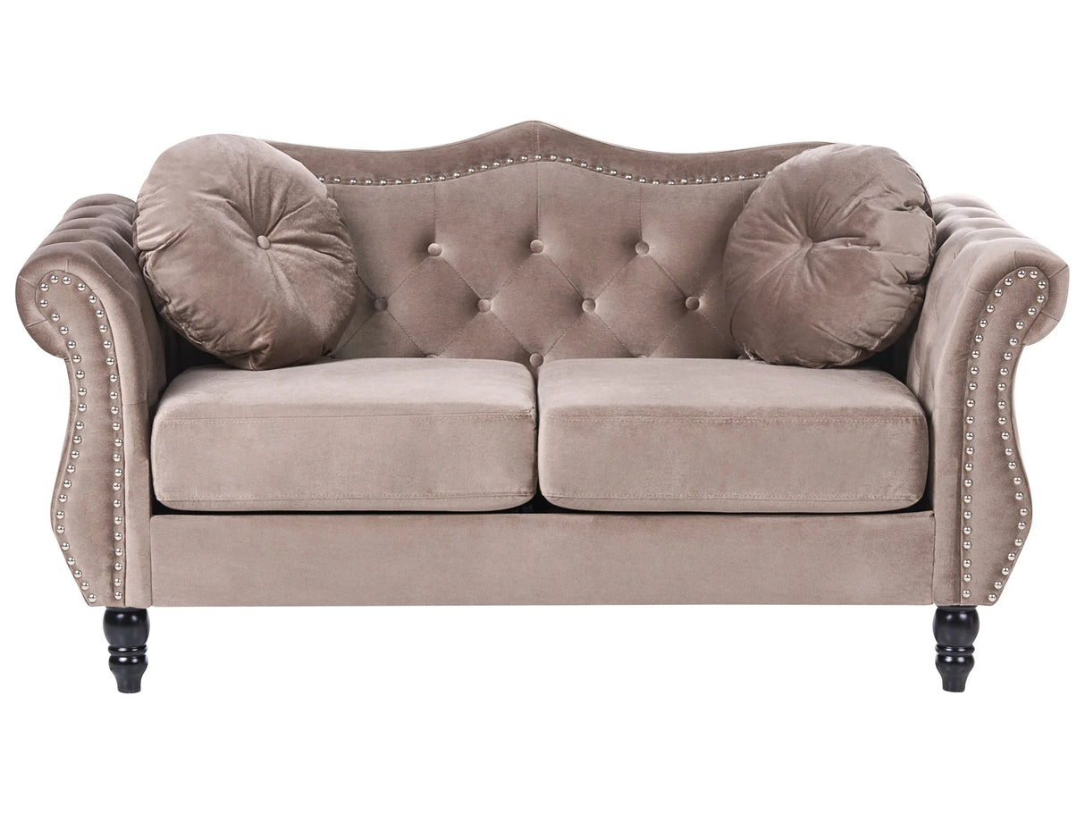 Sofa Taupe Velvet 2 Seater Nailhead Trim Button Tufted Throw Pillows Rolled Arms Glam Beliani