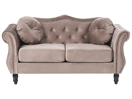 Sofa Taupe Velvet 2 Seater Nailhead Trim Button Tufted Throw Pillows Rolled Arms Glam Beliani