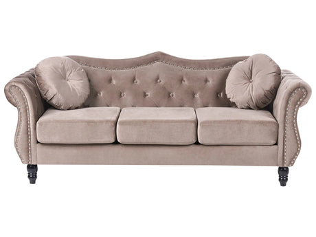 Sofa Taupe Velvet 3 Seater Nailhead Trim Button Tufted Throw Pillows Rolled Arms Glam Beliani