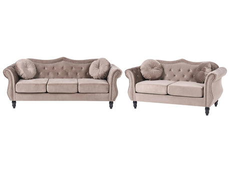 Living Room Set Taupe Velvet 2 Seater 3 Seater Nailhead Trim Button Tufted Throw Pillows Rolled Arms Glam Beliani