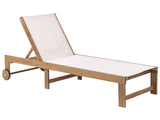 Sun Lounger Light Brown Certified Acacia Wood Beige Textile Seat with Wheels Feature Garden Patio Balcony Beliani