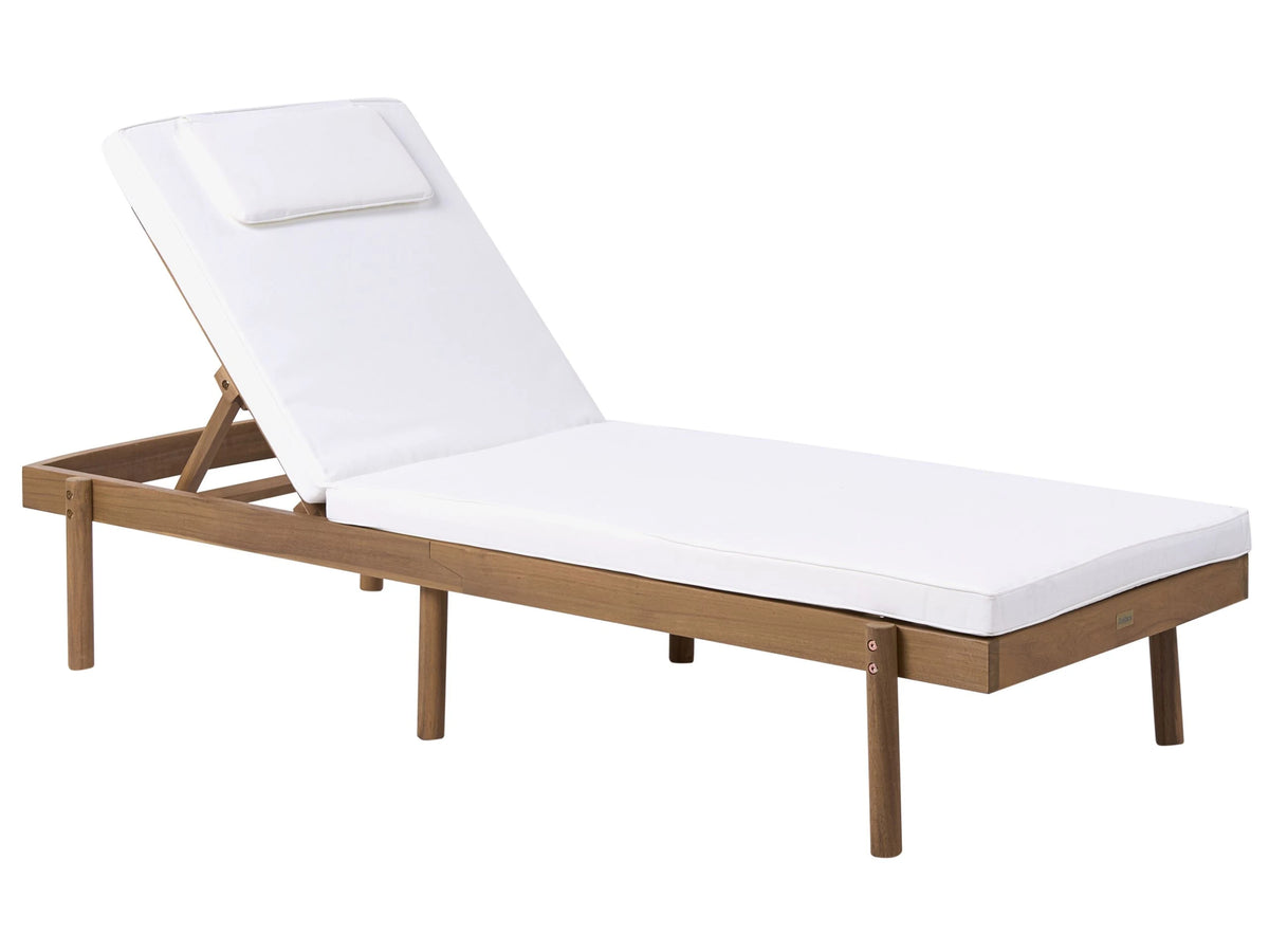 Sun Lounger Light Brown Certified Acacia Wood White Cushion Seat Folding Feature Garden Patio Balcony Beliani