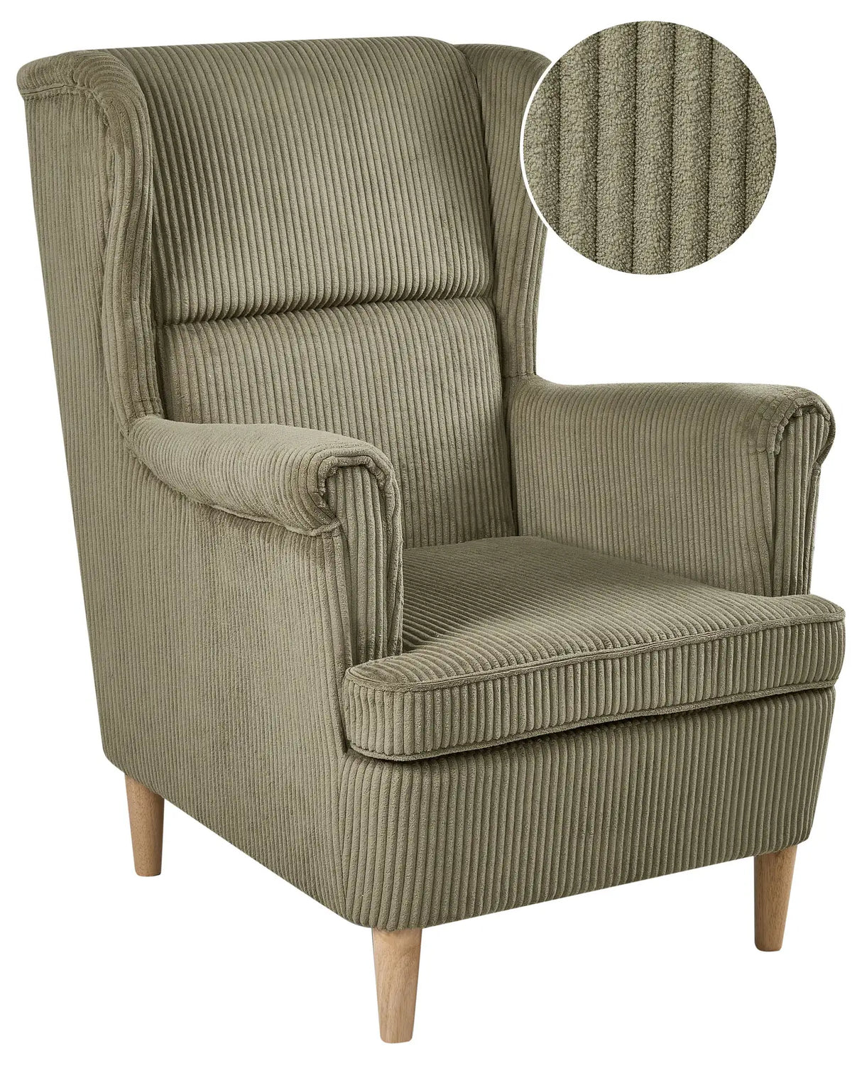 Wingback Chair Green Corduroy Upholstery High Back Wood Legs Traditional Retro Living Room Beliani