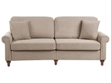 3 Seater Sofa Taupe Fabric Upholstery Scrolled Arms Wood Frame Throw Pillows Modern Living Room Beliani