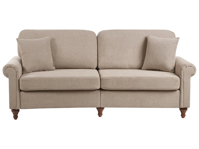 3 Seater Sofa Taupe Fabric Upholstery Scrolled Arms Wood Frame Throw Pillows Modern Living Room Beliani