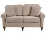 2 Seater Sofa Taupe Fabric Upholstery Scrolled Arms Wood Frame Throw Pillows Modern Living Room Beliani